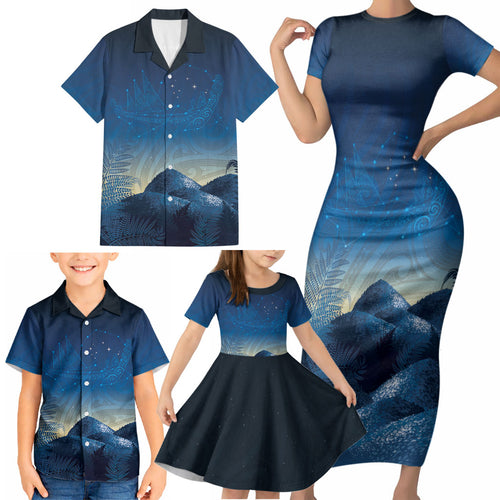 New Zealand Matariki Family Matching Short Sleeve Bodycon Dress and Hawaiian Shirt Maori Waka With Silver Fern