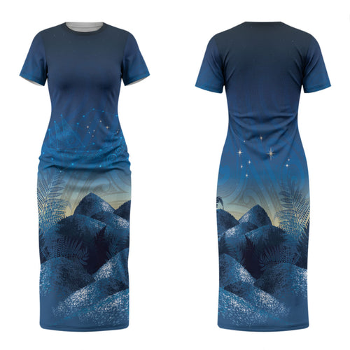 New Zealand Matariki Family Matching Short Sleeve Bodycon Dress and Hawaiian Shirt Maori Waka With Silver Fern