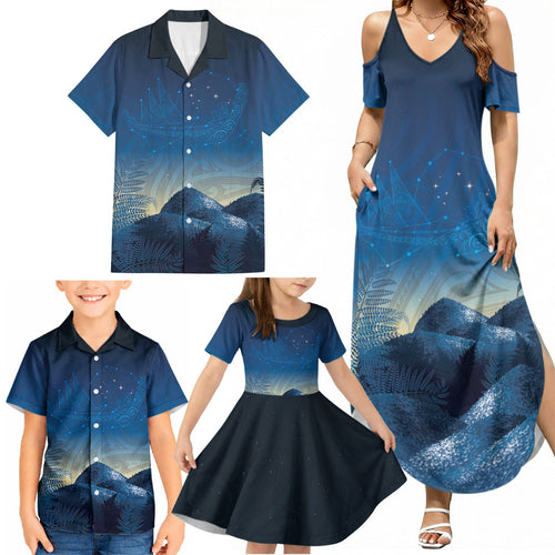 New Zealand Matariki Family Matching Summer Maxi Dress and Hawaiian Shirt Maori Waka With Silver Fern