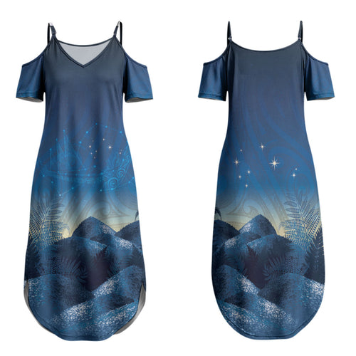 New Zealand Matariki Family Matching Summer Maxi Dress and Hawaiian Shirt Maori Waka With Silver Fern