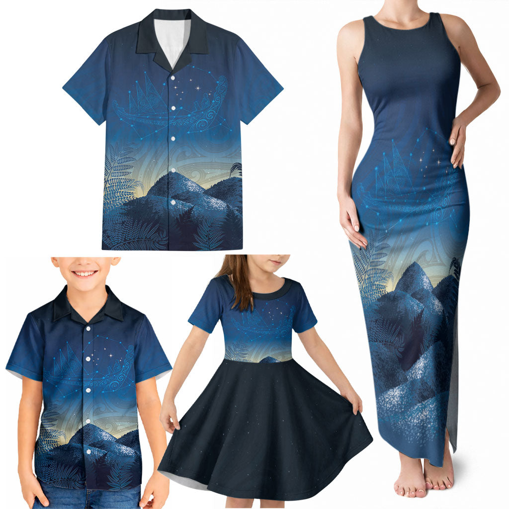 New Zealand Matariki Family Matching Tank Maxi Dress and Hawaiian Shirt Maori Waka With Silver Fern