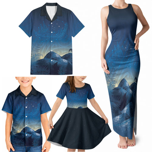 New Zealand Matariki Family Matching Tank Maxi Dress and Hawaiian Shirt Maori Waka With Silver Fern