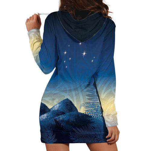 New Zealand Matariki Hoodie Dress Maori Waka With Silver Fern