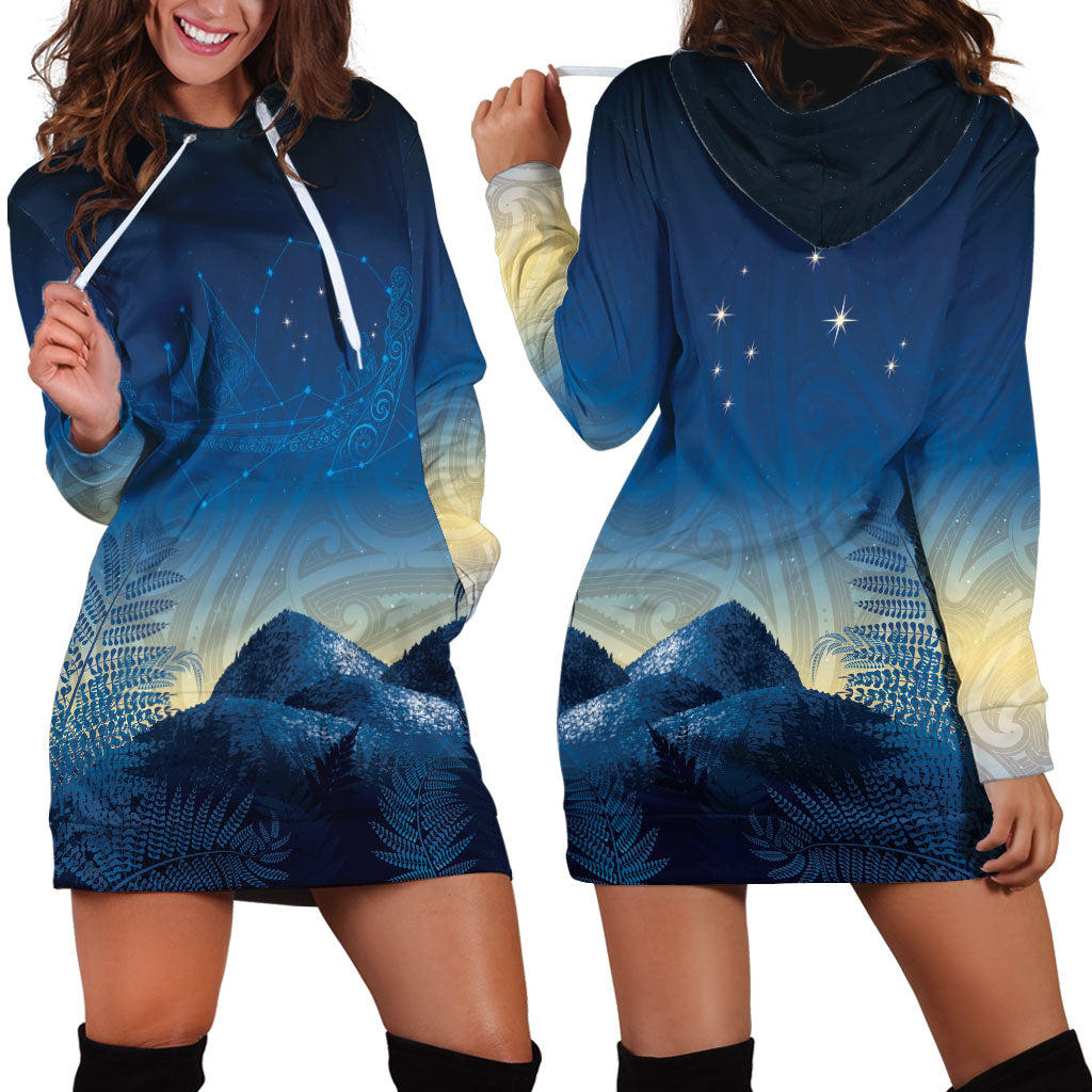 New Zealand Matariki Hoodie Dress Maori Waka With Silver Fern