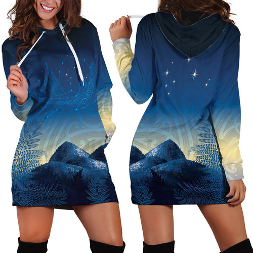 New Zealand Matariki Hoodie Dress Maori Waka With Silver Fern