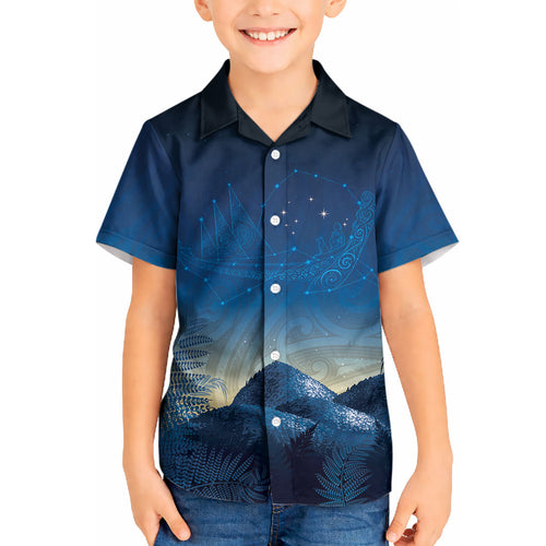 New Zealand Matariki Kid Hawaiian Shirt Maori Waka With Silver Fern