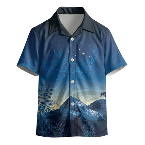 New Zealand Matariki Kid Hawaiian Shirt Maori Waka With Silver Fern