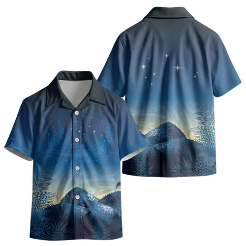 New Zealand Matariki Kid Hawaiian Shirt Maori Waka With Silver Fern