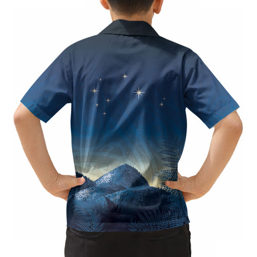 New Zealand Matariki Kid Hawaiian Shirt Maori Waka With Silver Fern