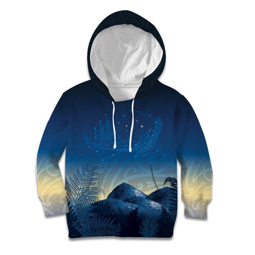New Zealand Matariki Kid Hoodie Maori Waka With Silver Fern