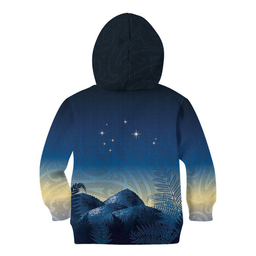 New Zealand Matariki Kid Hoodie Maori Waka With Silver Fern