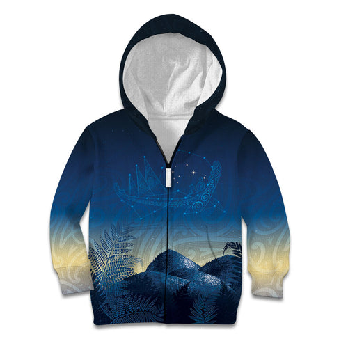 New Zealand Matariki Kid Hoodie Maori Waka With Silver Fern