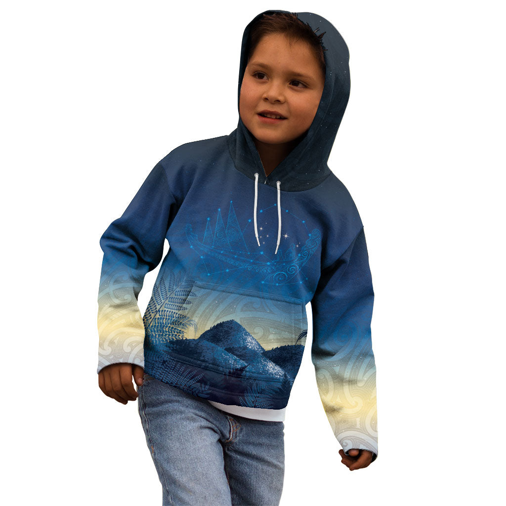 New Zealand Matariki Kid Hoodie Maori Waka With Silver Fern