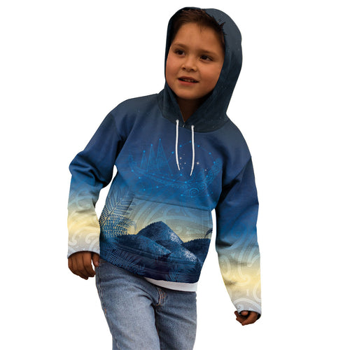 New Zealand Matariki Kid Hoodie Maori Waka With Silver Fern
