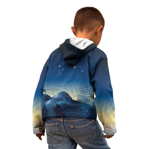 New Zealand Matariki Kid Hoodie Maori Waka With Silver Fern
