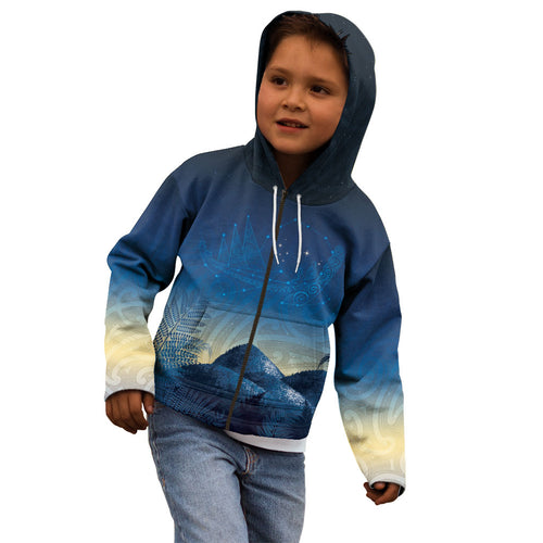 New Zealand Matariki Kid Hoodie Maori Waka With Silver Fern