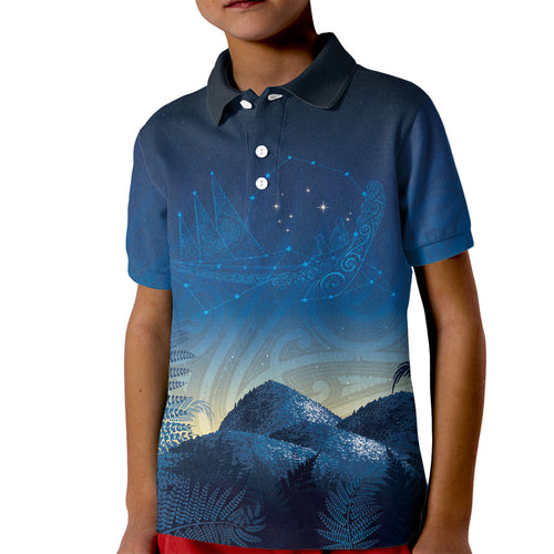 New Zealand Matariki Kid Polo Shirt Maori Waka With Silver Fern