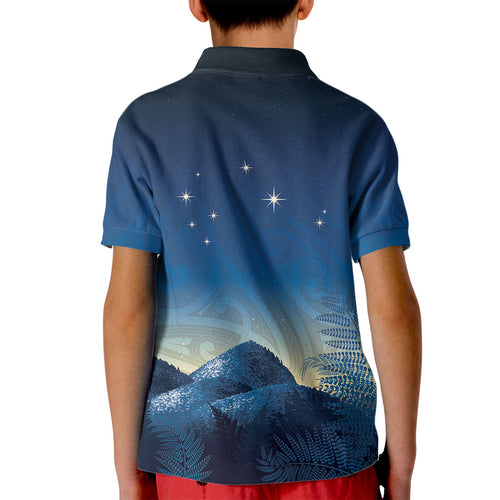 New Zealand Matariki Kid Polo Shirt Maori Waka With Silver Fern