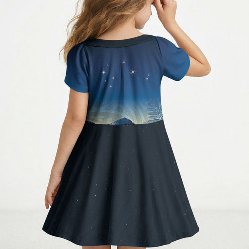 New Zealand Matariki Kid Short Sleeve Dress Maori Waka With Silver Fern