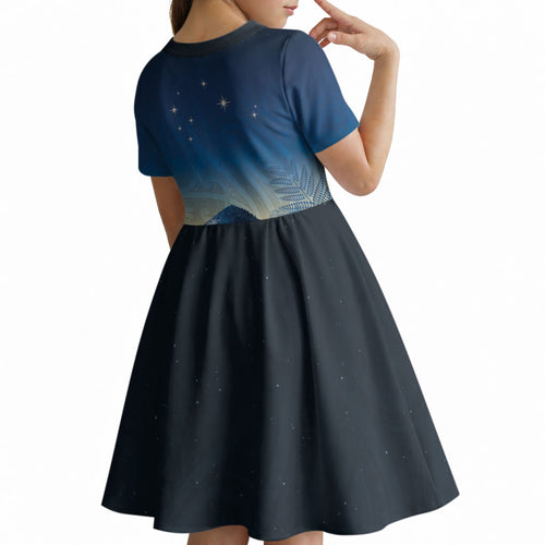 New Zealand Matariki Kid Short Sleeve Dress Maori Waka With Silver Fern