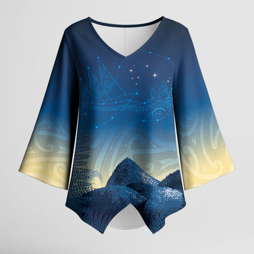 New Zealand Matariki Kimono Sleeve Blouse Maori Waka With Silver Fern