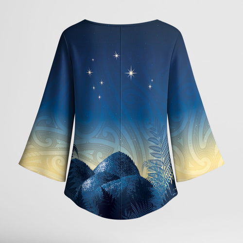 New Zealand Matariki Kimono Sleeve Blouse Maori Waka With Silver Fern