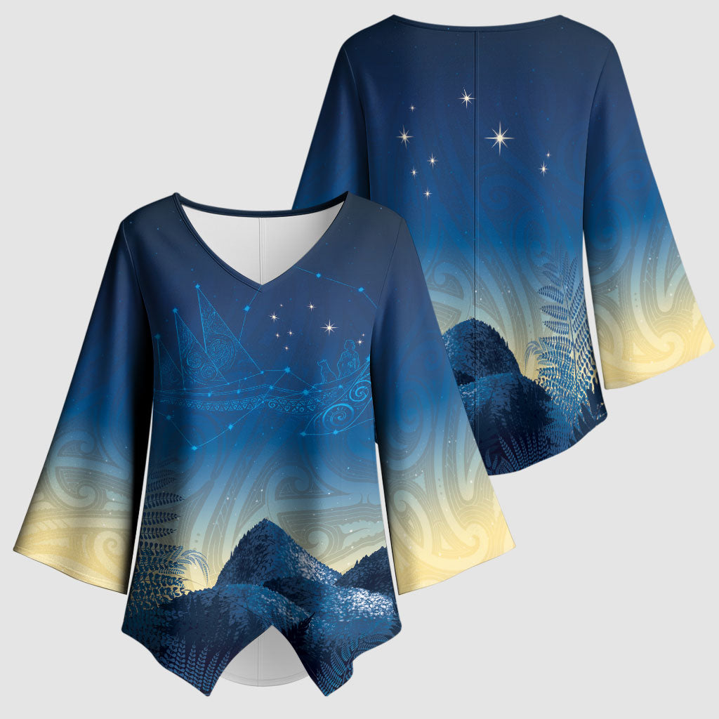 New Zealand Matariki Kimono Sleeve Blouse Maori Waka With Silver Fern