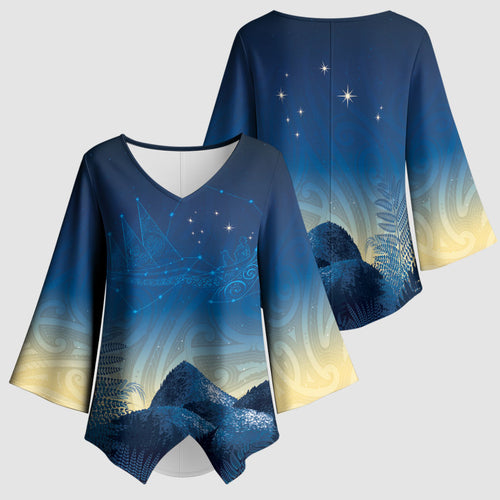 New Zealand Matariki Kimono Sleeve Blouse Maori Waka With Silver Fern