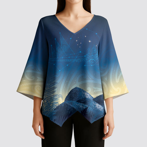 New Zealand Matariki Kimono Sleeve Blouse Maori Waka With Silver Fern