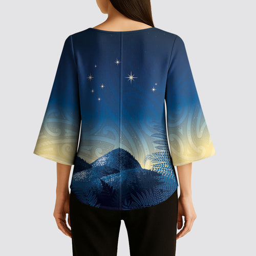 New Zealand Matariki Kimono Sleeve Blouse Maori Waka With Silver Fern
