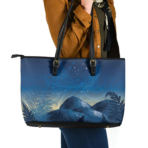 New Zealand Matariki Leather Tote Bag Maori Waka With Silver Fern