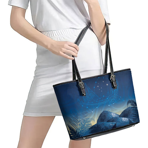 New Zealand Matariki Leather Tote Bag Maori Waka With Silver Fern