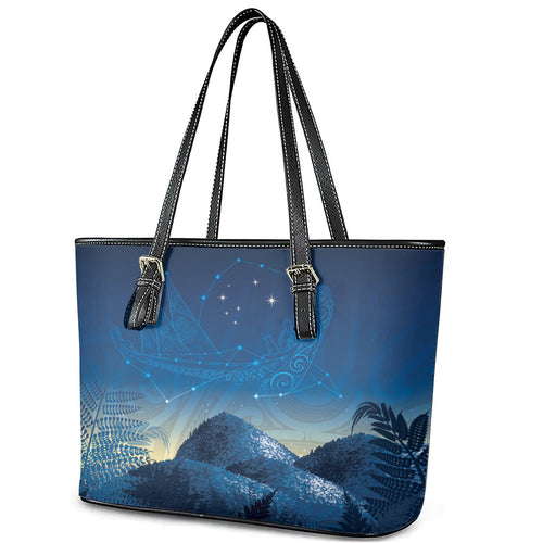 New Zealand Matariki Leather Tote Bag Maori Waka With Silver Fern
