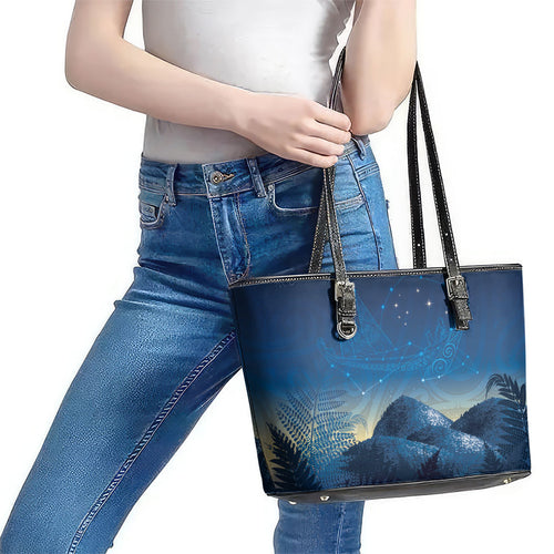 New Zealand Matariki Leather Tote Bag Maori Waka With Silver Fern