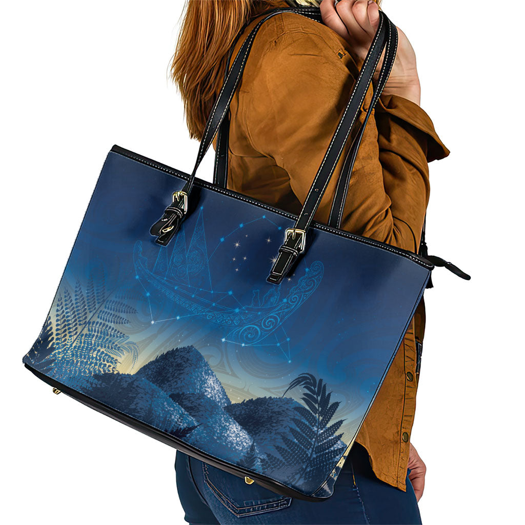 New Zealand Matariki Leather Tote Bag Maori Waka With Silver Fern