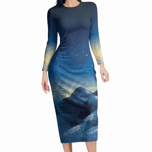 New Zealand Matariki Long Sleeve Bodycon Dress Maori Waka With Silver Fern