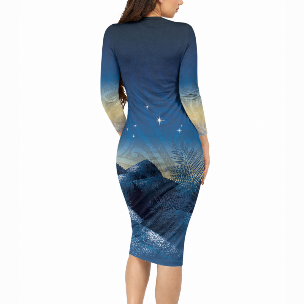 New Zealand Matariki Long Sleeve Bodycon Dress Maori Waka With Silver Fern