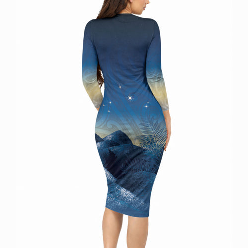 New Zealand Matariki Long Sleeve Bodycon Dress Maori Waka With Silver Fern