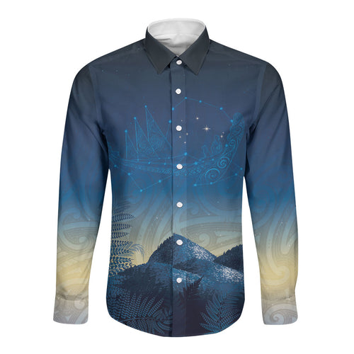 New Zealand Matariki Long Sleeve Button Shirt Maori Waka With Silver Fern