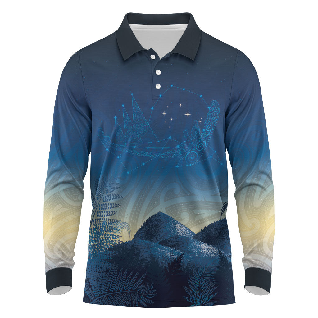 New Zealand Matariki Long Sleeve Polo Shirt Maori Waka With Silver Fern