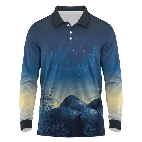 New Zealand Matariki Long Sleeve Polo Shirt Maori Waka With Silver Fern