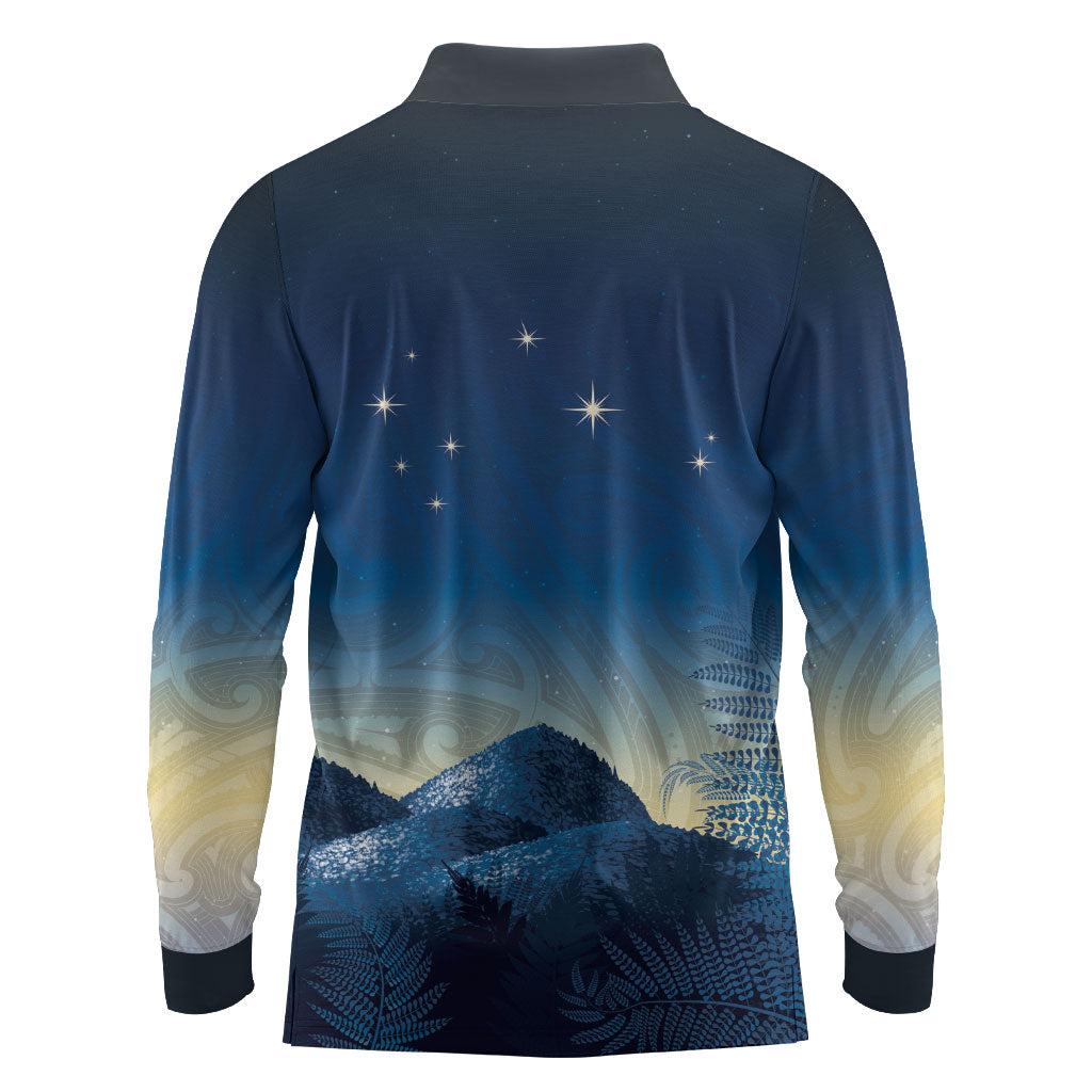 New Zealand Matariki Long Sleeve Polo Shirt Maori Waka With Silver Fern