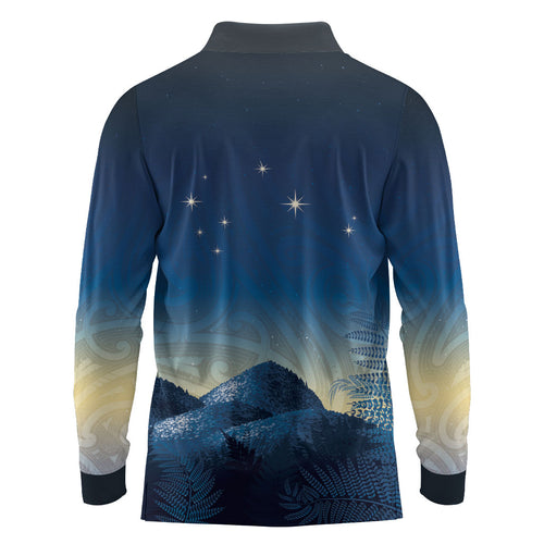 New Zealand Matariki Long Sleeve Polo Shirt Maori Waka With Silver Fern