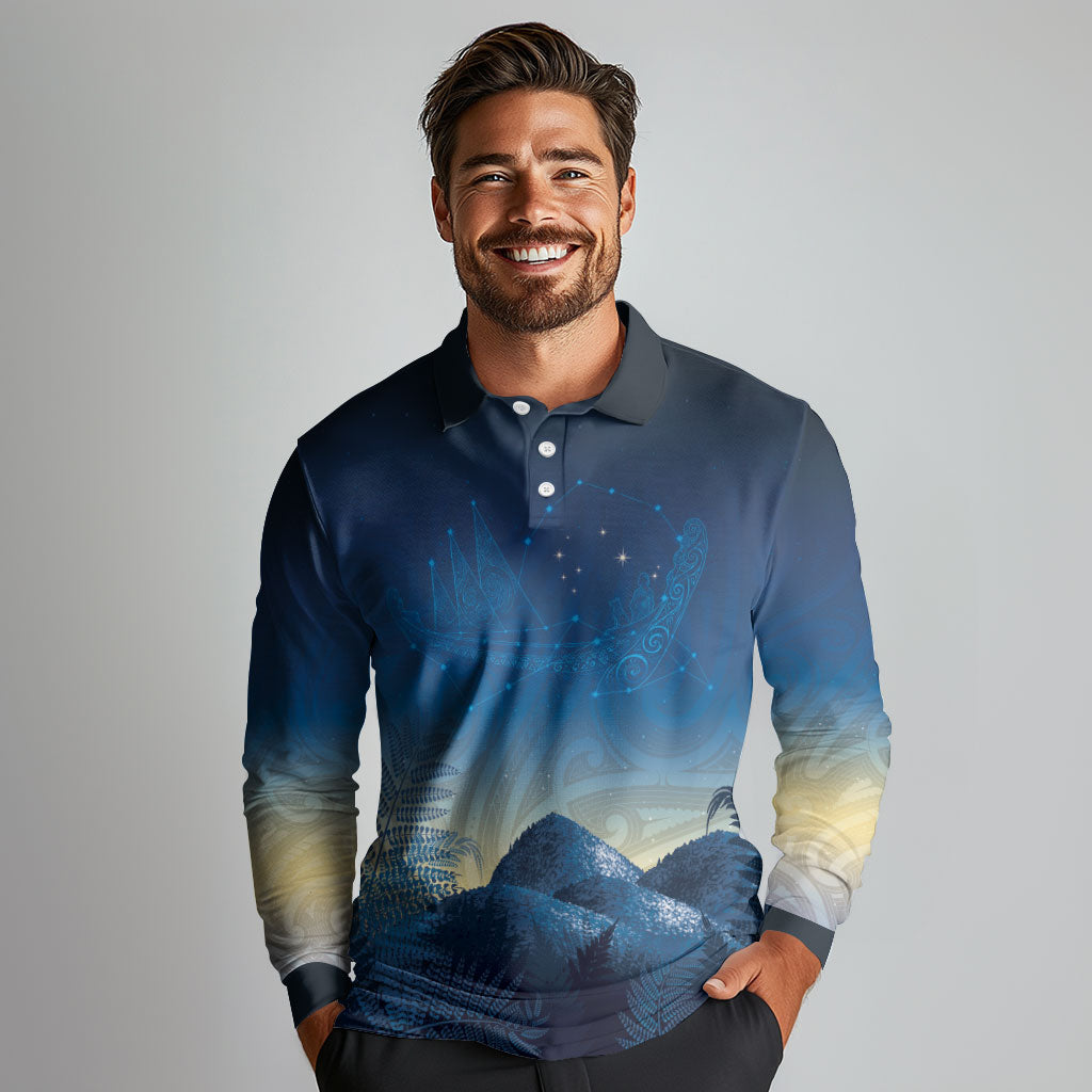 New Zealand Matariki Long Sleeve Polo Shirt Maori Waka With Silver Fern