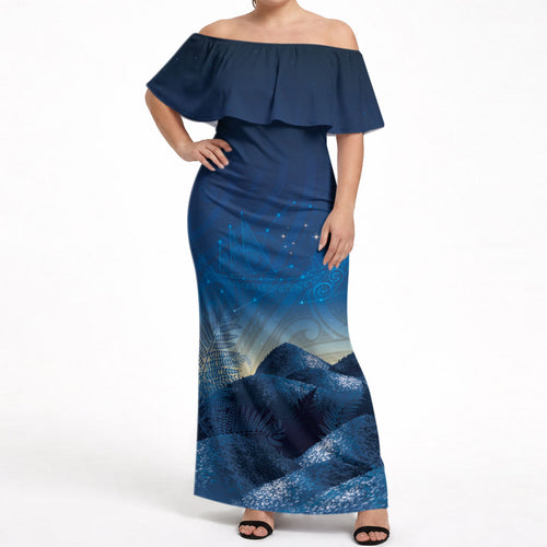 New Zealand Matariki Off Shoulder Maxi Dress Maori Waka With Silver Fern