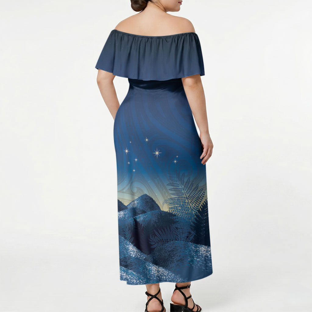 New Zealand Matariki Off Shoulder Maxi Dress Maori Waka With Silver Fern