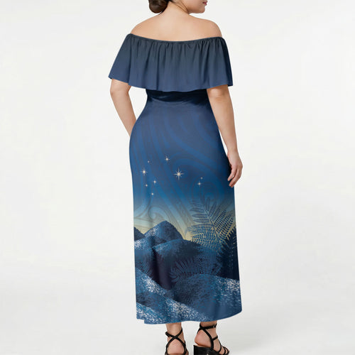 New Zealand Matariki Off Shoulder Maxi Dress Maori Waka With Silver Fern