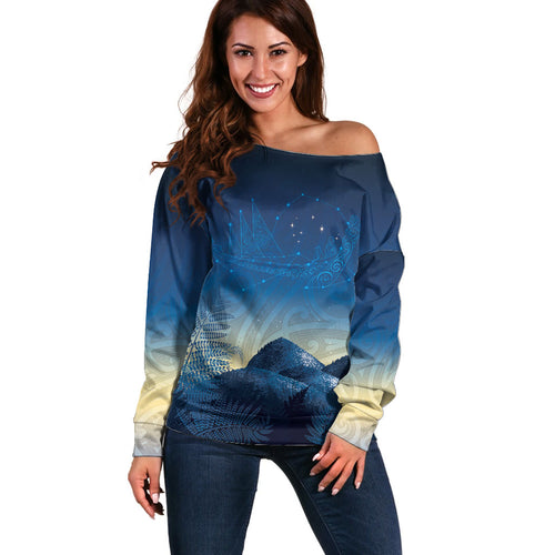 New Zealand Matariki Off Shoulder Sweater Maori Waka With Silver Fern