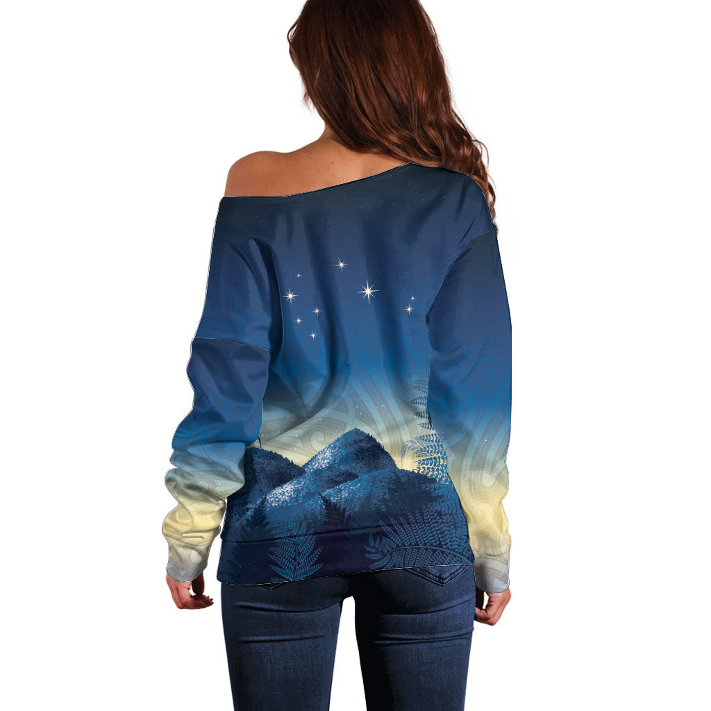 New Zealand Matariki Off Shoulder Sweater Maori Waka With Silver Fern