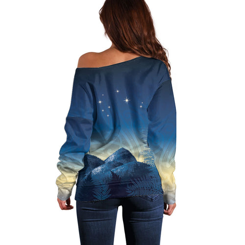 New Zealand Matariki Off Shoulder Sweater Maori Waka With Silver Fern